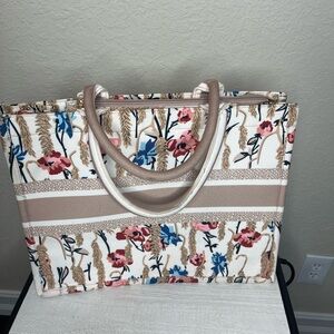 Pink, Blue & Beige Floral Canvas Tote Bag